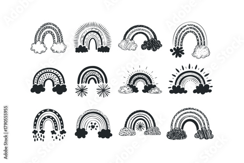 Collection of Hand Drawn Rainbow Icons with Clouds