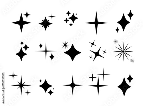 Shine retro icons. Shine, sparkle black stars set on white background. Sparkle star minimalist symbols. Flat blink twinkle, sunburst star shapes. Magic light flare templates pack.