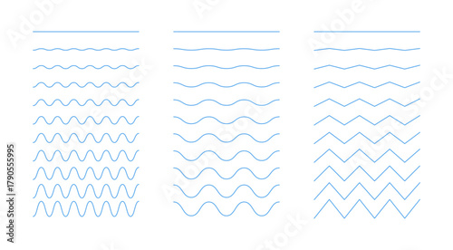 Wavy, curvy, zigzag blue lines pattern. Water, river, lake, sea, ocean symbols. Undulate simple borders, transverse horizontal lines. Sine, fluid, air, wind signs. Outline flat graphic illustration.