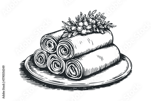 Rolled crepes with delicate flower garnish on a plate