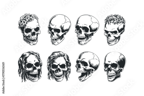Collection of varied skull portraits with distinctive hairstyles