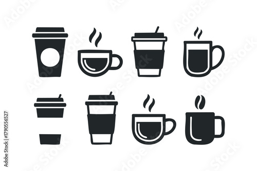 Coffee cup icons and hot beverage mugs collection