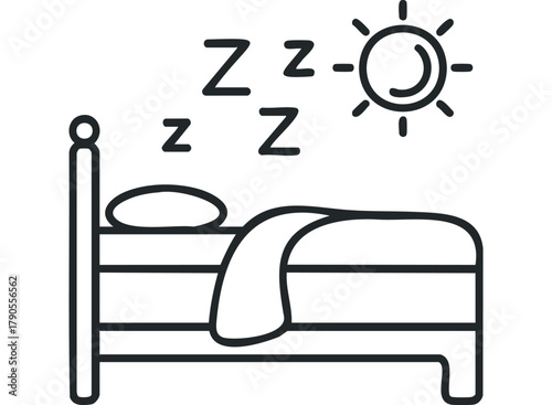 Bed with sleeping Zzzs and sun graphic