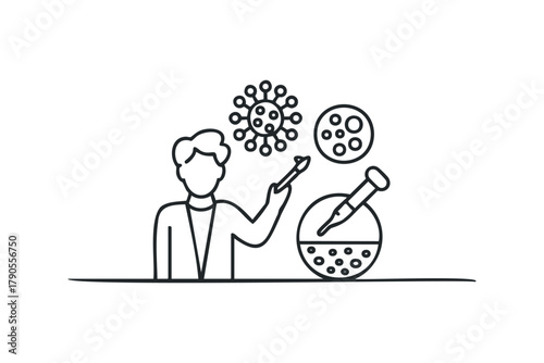 Scientist with virus and laboratory equipment icon