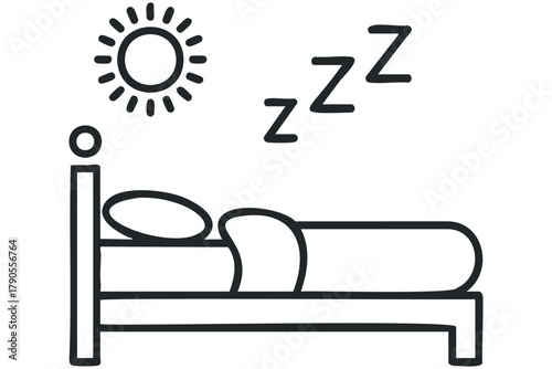 Person sleeping in bed with sun and zzz icons