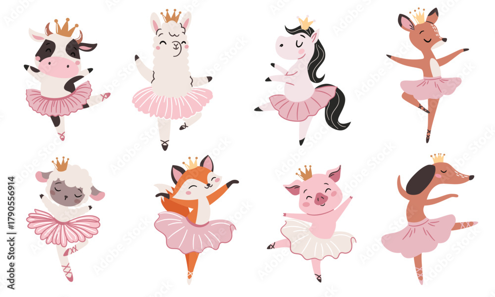 Obraz premium A set of flat vector illustrations in a simple children's style. Cute animals in ballet tutus are dancing ballet. A sheep dog cow horse deer pig fox and llama. Vector illustration