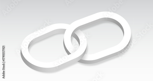 Two abstract interlocking links 3D. Two intertwined white links on white background. Quality realistic vector, 3d illustration or your web site design, app, UI. EPS10.