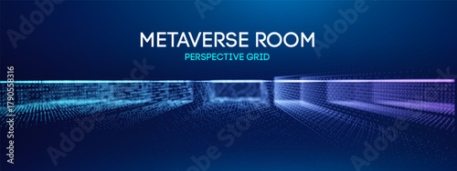 Floor grid blue background with 3D line vr and game space metaverse elements. Empty cyberspace design with floor texture and grid blue surface for synthwave arcade. Modern retrowave aesthetic
