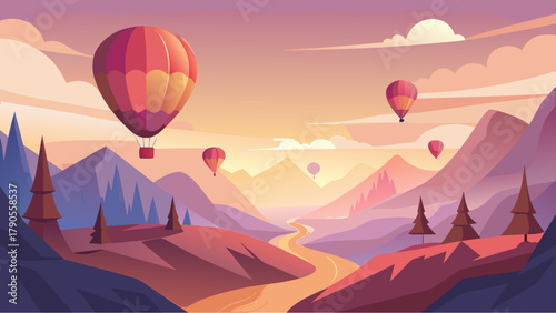 Colorful hot air balloons flying over a scenic mountain valley at sunset with a winding river and stylized pine trees in a flat illustration style