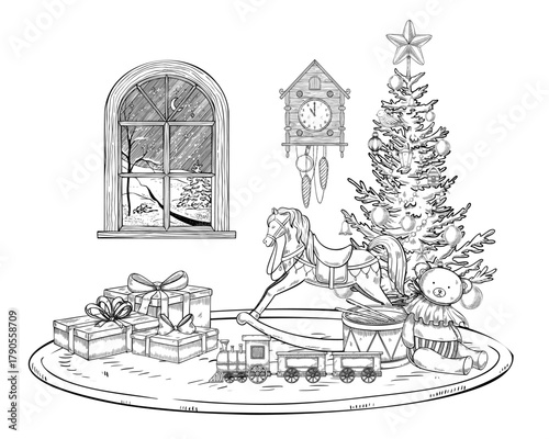 Christmas vector illustration with Christmas tree and retro baby toys. Linear drawing of Xmas scene with window and clock for invitations or greeting cards. Etching with gift boxes and spruce or pine.