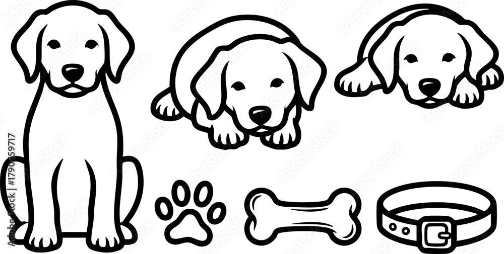 Obraz premium Cute puppy dog sitting lying down with bone paw collar simple black line art vector illustration