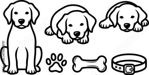 Cute puppy dog sitting lying down with bone paw collar simple black line art vector illustration
