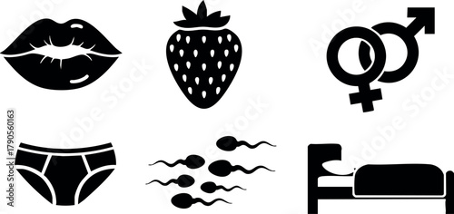 Black silhouette icons of lips, strawberry, gender symbols, underwear, sperm and bed vector illustration for health and lifestyle design