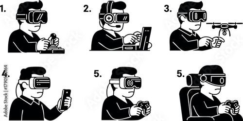 Person using various virtual reality devices playing games and interacting with technology in immersive digital environment vector illustration