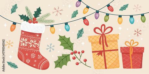 Vector illustration of christmas  christmas stocking presents and string lights holiday illustration