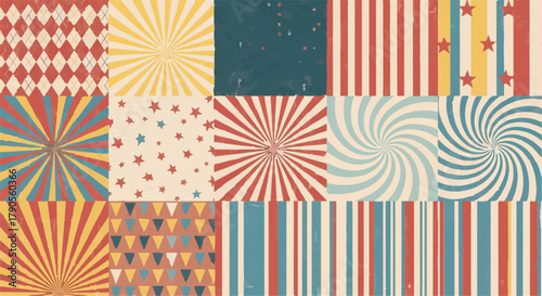Collection of vintage seamless backgrounds with circus, carnival, and retro geometric patterns