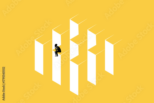 Business and financial crisis vector concept with businessman sitting with thinking. Symbol of market crash, recession, risk, bankruptcy and loss. Eps10 illustration
