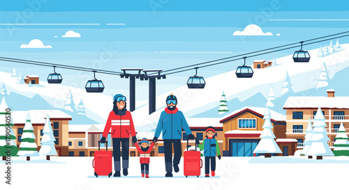Family with luggage arriving at ski resort in winter scenery  