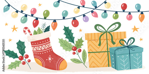Vector illustration of christmas  christmas stocking with gifts and lights decoration illustration