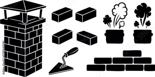 Brick chimney with bricks and mortar trowel vector illustration for construction and building design elements