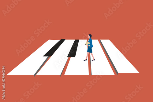 Business opportunity and decision vector concept with business woman walking on piano. Symbol of objective, goal, targets, challenge. Eps10 illustration.