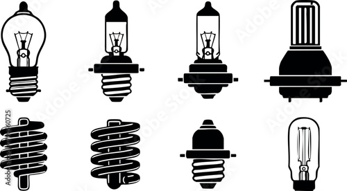 Various light bulb types and designs vector collection with incandescent and fluorescent options for electrical and lighting concepts