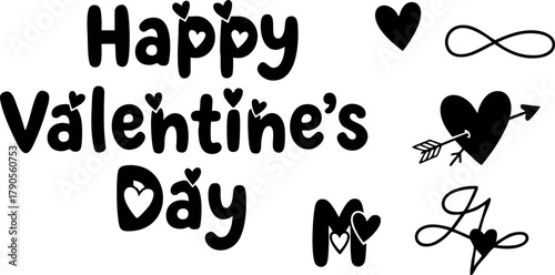 Happy Valentines Day calligraphy vector with hearts and love symbols for romantic celebration design