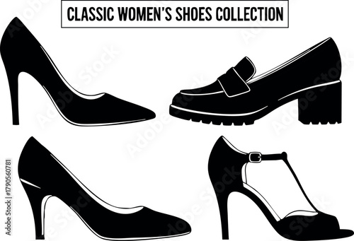 Classic women’s shoes collection with high heels and loafers stylish footwear designs vector illustration
