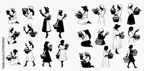 A collection of vintage-style illustrations depicting women with flowers and baskets.