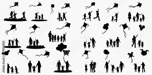 Silhouettes of families and children playing with kites in various poses.