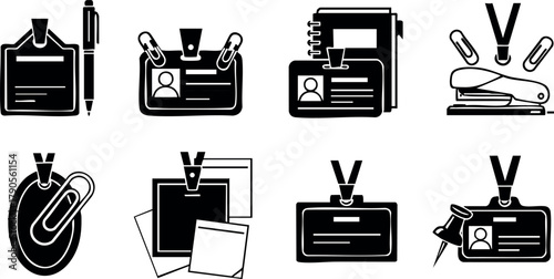 Identification badges and office accessories vector set including lanyards stapler paperclip and notebooks for workplace organization