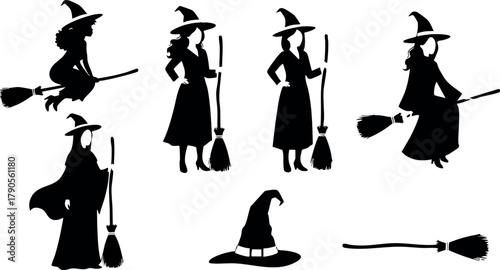 Witch silhouettes with pointed hats and broomsticks in various poses vector illustration for Halloween and magic themes