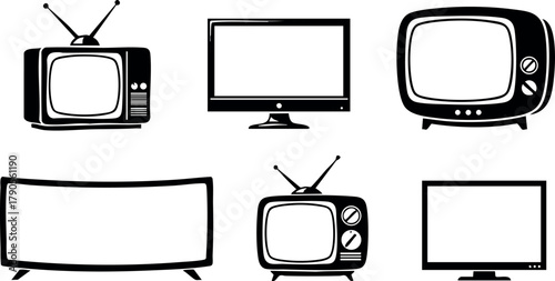 Vintage and modern television set collection in black and white vector design for media and technology projects