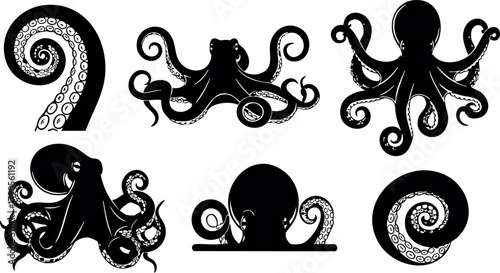 Octopus silhouette vector set with tentacles and suction cups in black design for marine and ocean themes
