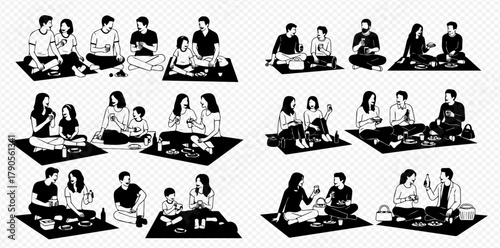 Multiple families are having a picnic on blankets, enjoying food and drinks together in a relaxed setting.