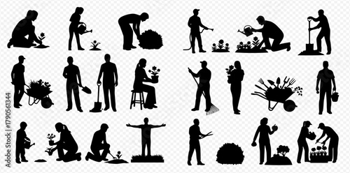 Silhouettes of people gardening, planting, and working in the garden.