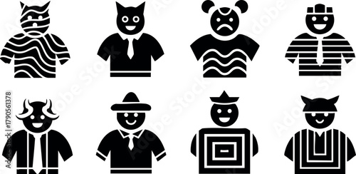 Set of diverse black and white ethnic vector characters with traditional clothing and distinct facial features for cultural representation and design purposes