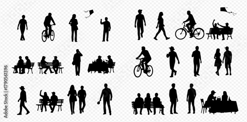 Silhouettes of people engaging in various activities, including walking, biking, sitting, and socializing.