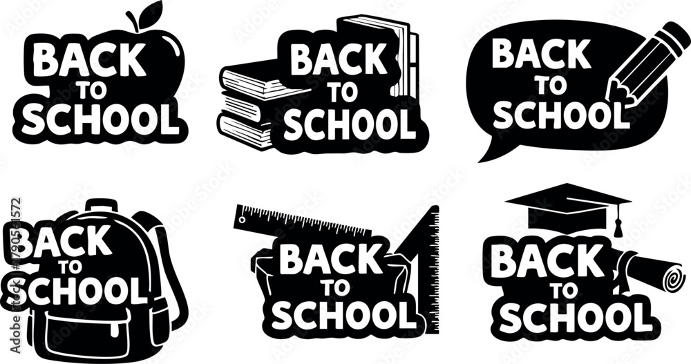 Obraz premium Back to school icons set with books, apple, pencil, backpack, scarf, and graduation cap vector design