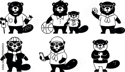 Cartoon beaver characters in various professional and casual outfits with accessories and sports gear vector illustration