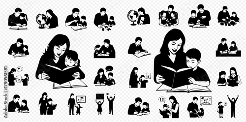 Black and white illustrations of parents and children reading and learning together.