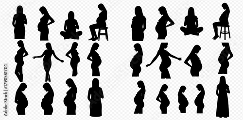 Silhouettes of pregnant women in various poses, showcasing different stages of pregnancy and positions.