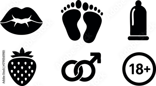 Sexual health and safe sex vector icons with lips, feet, condom, strawberry, gender symbol, and adult age warning