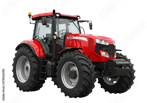 Powerful red agricultural tractor with large tires