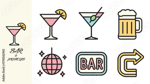 Flat design bar and nightclub icon set – cocktail glass, beer mug, disco ball, neon sign, minimalist pastel vector illustration