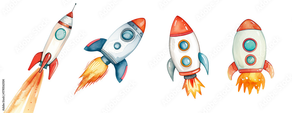 Fototapeta premium Set of four colorful cartoon rockets with fire trails, isolated on white background, symbolizing space travel, exploration, and imagination.