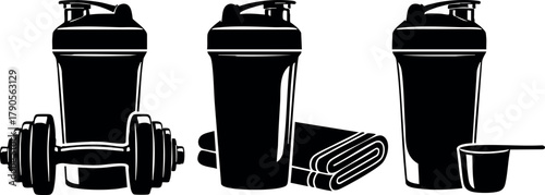 Fitness shaker bottles with dumbbells and gym towel for workout hydration and muscle recovery vector illustration