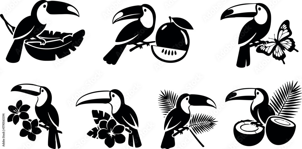 Obraz premium Toucan bird vector set with tropical fruits, flowers, leaves, and butterfly in black silhouette style for exotic wildlife design