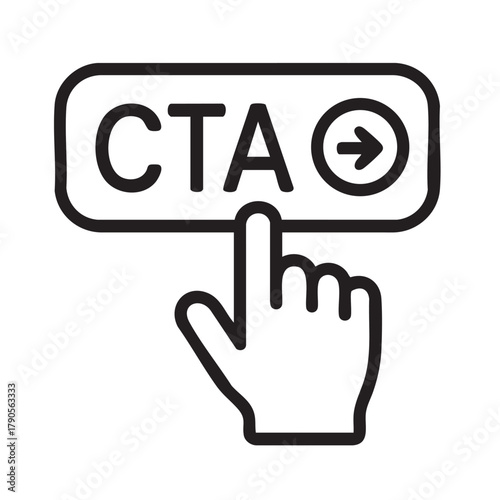 A simple black and white outline illustration of a hand clicking on a call to action button