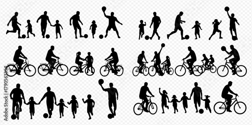 Silhouette illustrations of people playing sports and riding bikes, including adults and children, in various poses and activities.